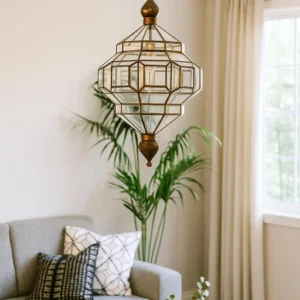 Handmade Moroccan Geometric Brass & Glass Pendant Light