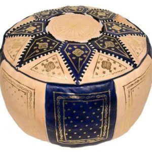 Handmade Moroccan Leather Pouf – Blue & Cream Ottoman | Authentic Moroccan Pouffe