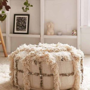 Moroccan Handmade Berber Pouf – Cream Sequined Floor Cushion | Authentic Atlas Mountains Ottoman | Boho Home Decor