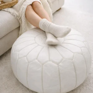 White Handmade Moroccan Leather Pouf | Genuine Hand-Stitched Leather Ottoman Pouf