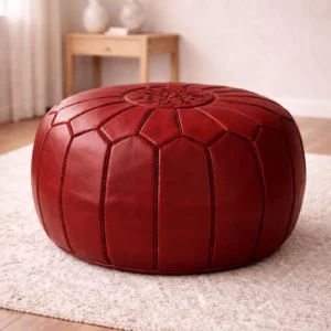 Red Handmade Moroccan Leather Pouf | Authentic Hand-Stitched Leather Ottoman Pouf