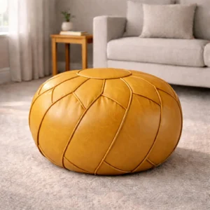 Mustard Yellow Handmade Moroccan Leather Pouf | Authentic Hand-Stitched Leather Ottoman Pouf