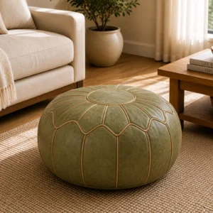 Olive Green Handmade Moroccan Leather Pouf | Authentic Hand-Stitched Leather Ottoman Pouf
