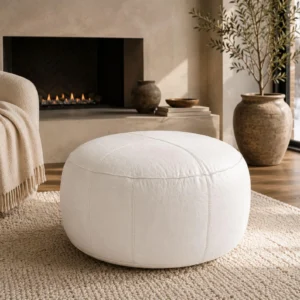 White Handmade Moroccan Leather Pouf | Minimalist Genuine Leather Ottoman Pouf